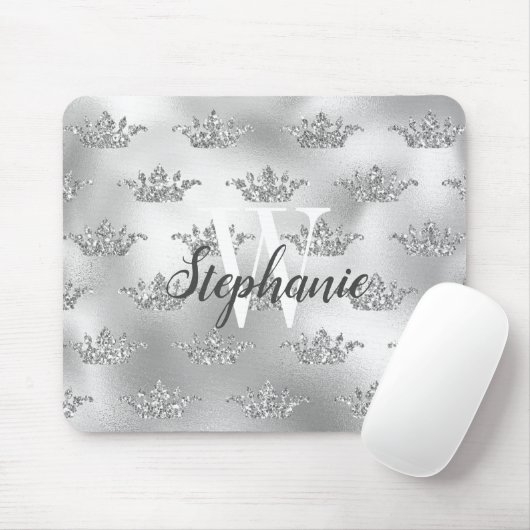 Glam Zilveren Folie Glitter Kroon Patroon Monogram Muismat (Met muis)