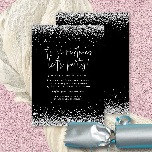 Glam Zilveren Glitter Kerst Lets Party Kaart