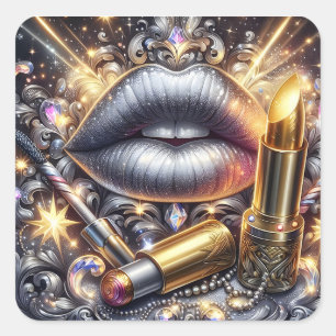 Glam Zilveren Lippen Luxe Make-up Kunst Design Vierkante Sticker