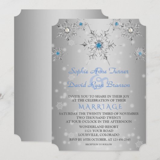 Glam Zilveren Sneeuwvlokken Kristal Blauwe Parels  Kaart (Voorkant / Achterkant)