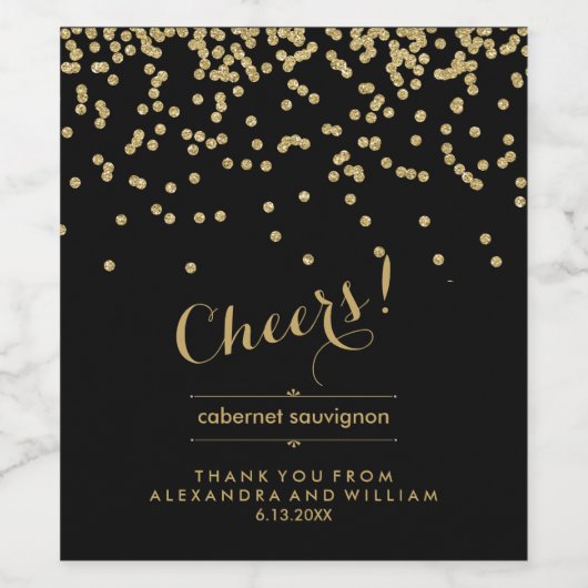 Glam Zwart en Faux Gold Confetti bruiloft | Proost Wijn Etiket (Enkel label)