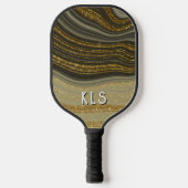 Glam zwart en goud glitter wervel monogram pickleball paddle (Voorkant)
