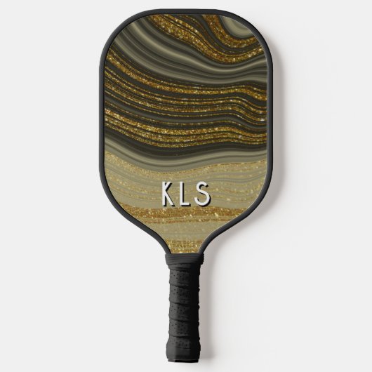 Glam zwart en goud glitter wervel monogram pickleball paddle (Achterkant)