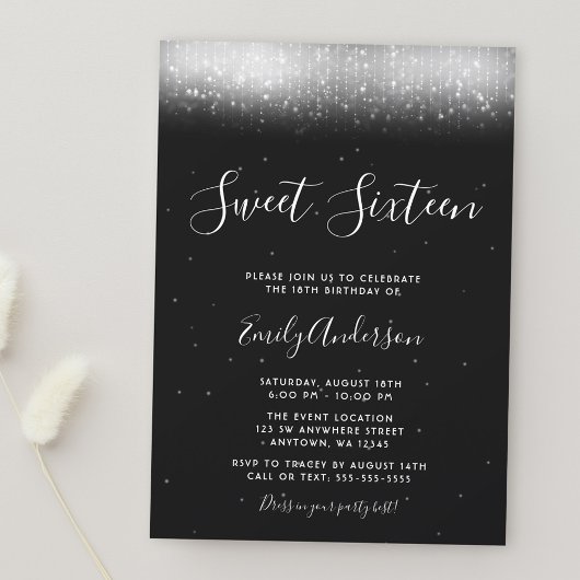 Glam Zwart en Wit Sweet 16 Kaart