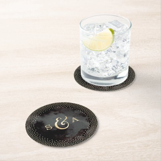 Glam zwart faux goud glitter bruiloft monogram ronde kartonnen onderzetter (Insitu)