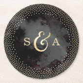 Glam zwart faux goud glitter bruiloft monogram ronde kartonnen onderzetter (Voorkant)