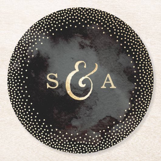 Glam zwart faux goud glitter bruiloft monogram ronde kartonnen onderzetter (Voorkant)