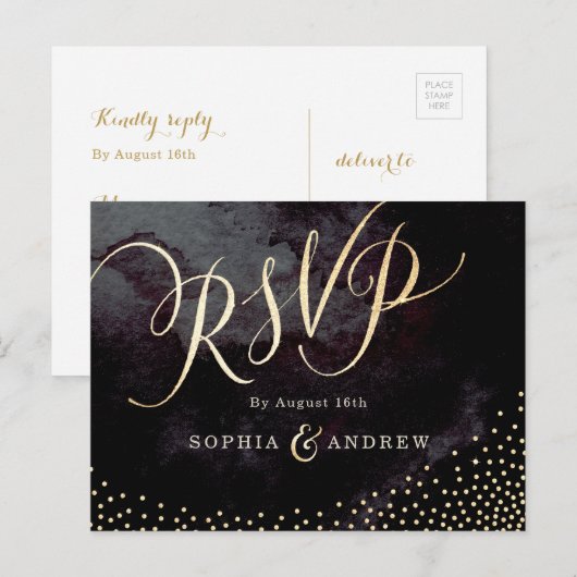 Glam zwart faux goud glitter kalligrafie RSVP Uitnodiging Briefkaart (Voorkant / Achterkant)