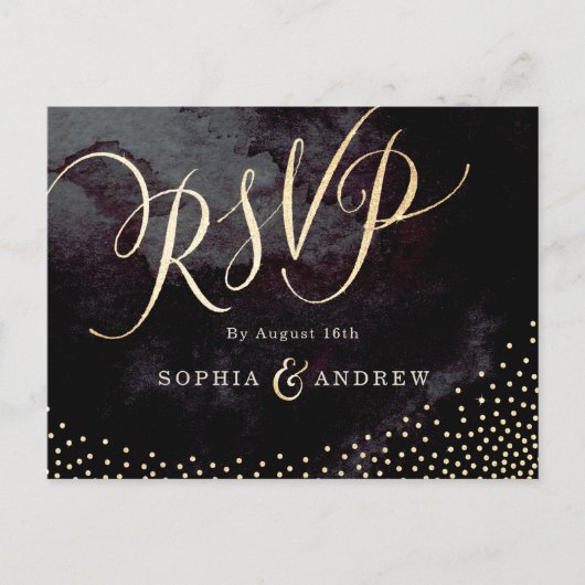 Glam zwart faux goud glitter kalligrafie RSVP Uitnodiging Briefkaart (Voorkant)