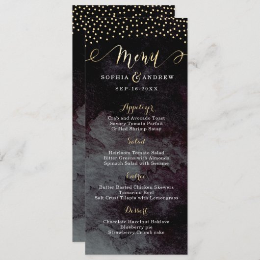 Glam zwart faux goud kalligrafie bruiloft menu (Voorkant / Achterkant)