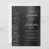 Glam Zwart Geborsteld Metaal Glitter Script Trouwf Kaart (Voorkant)