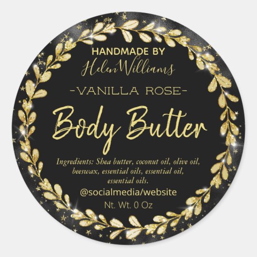Glam Zwart Goud Bladerig Frame Body Butter Labels (Voorkant)
