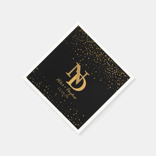 Glam Zwart Goud Confetti bruiloft | CHIC-monogram Servetten (Hoek)