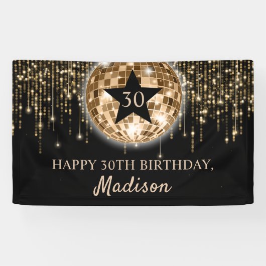 Glam Zwart Goud Disco Ball Gelukkige 30e Verjaarda Spandoek (Horizontaal)