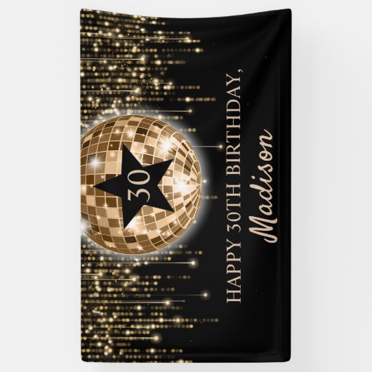 Glam Zwart Goud Disco Ball Gelukkige 30e Verjaarda Spandoek (Verticaal)