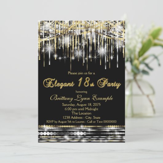 Glam Zwart Goud Elegant 18e Verjaardagsfeest Kaart (Staand voorkant)