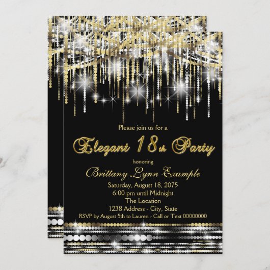Glam Zwart Goud Elegant 18e Verjaardagsfeest Kaart (Voorkant / Achterkant)