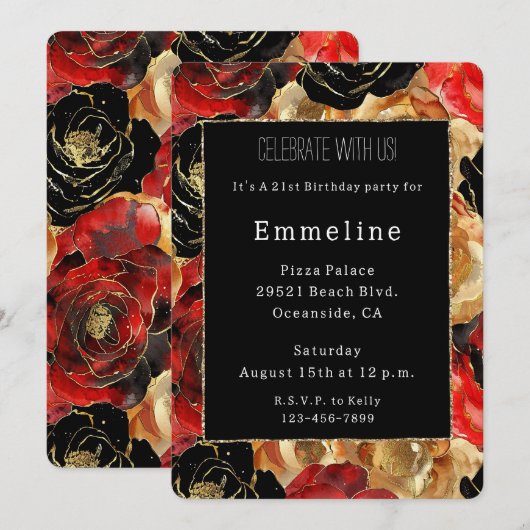 Glam Zwart Goud Glitter Glitzy Bloemen Verjaardag Kaart (Voorkant / Achterkant)