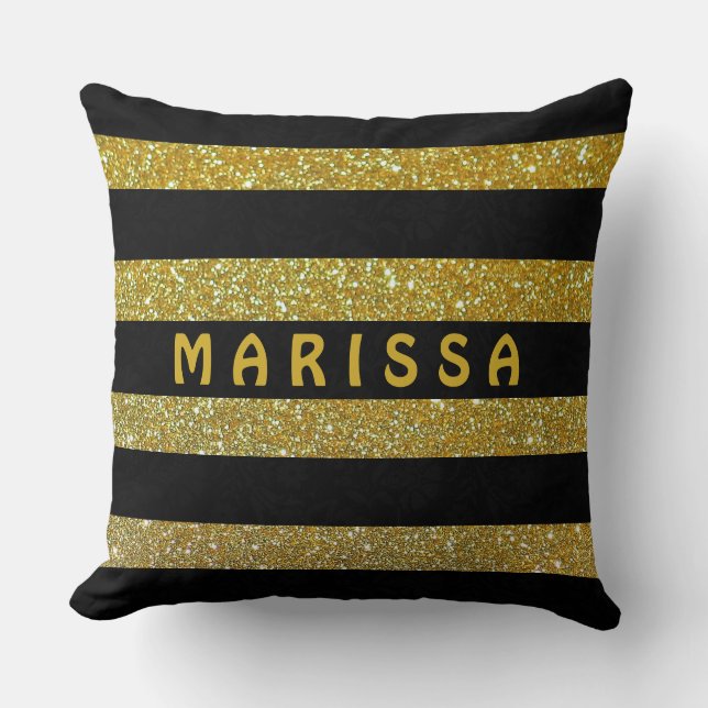 Glam Zwart & Goud Glitter Sparkles Monogram Naam Kussen (Voorkant)