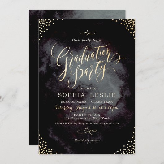 Glam zwart goud kalligrafie afstudeerfeest kaart (Voorkant / Achterkant)