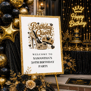 Glam Zwart Gouden Confetti Verjaardag Koningin Wel Poster
