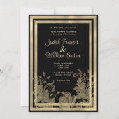 Glam  zwart gouden kant bloemenbruiloft kaart (Voorkant)