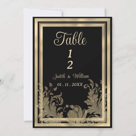 Glam  zwart gouden kant bloementafel Nummers Kaart (Voorkant)