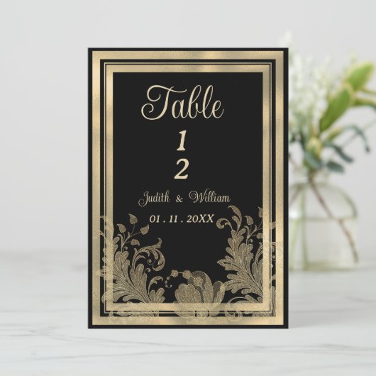 Glam zwart gouden kant bloementafel Nummers Kaart (Staand voorkant)