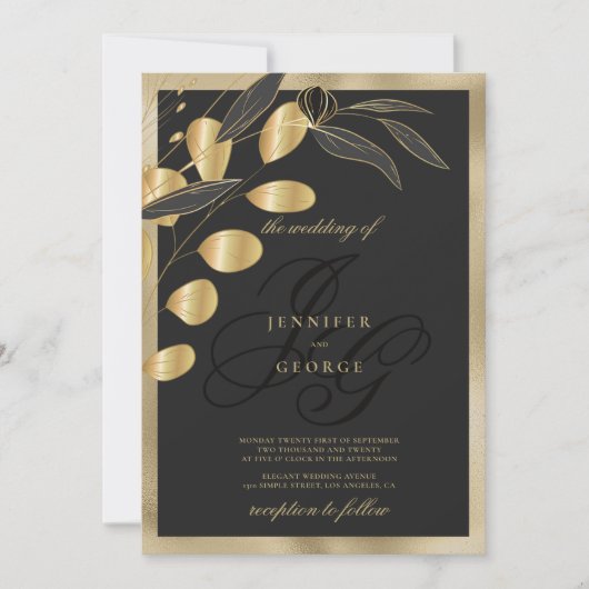 Glam zwart gouden monogram initialen bloemenbruilo kaart (Voorkant)