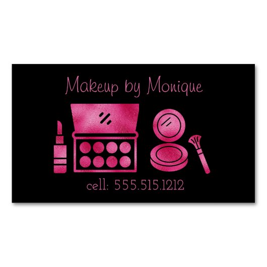 Glam Zwart & Heet Roze Make-up Artiest Magnetisch Visitekaartje (Voorkant)