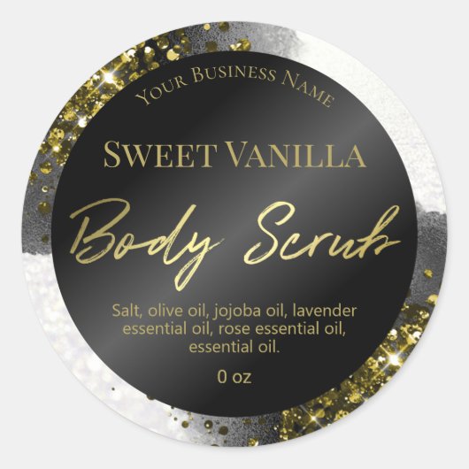 Glam Zwart Inkt Goud Glitter Body Scrub Labels (Voorkant)