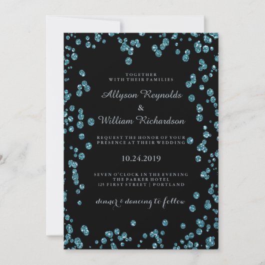 Glam Zwart met Turquoise Confetti Wedding Kaart (Voorkant)