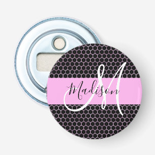 Glam Zwart Metallic Roze Honingraat Monogram Naam Button Flesopener
