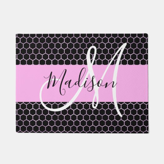 Glam Zwart Metallic Roze Honingraat Monogram Naam Deurmat (Voorkant)