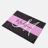 Glam Zwart Metallic Roze Honingraat Monogram Naam Deurmat (Schuin)