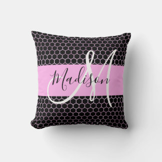 Glam Zwart Metallic Roze Honingraat Monogram Naam Kussen