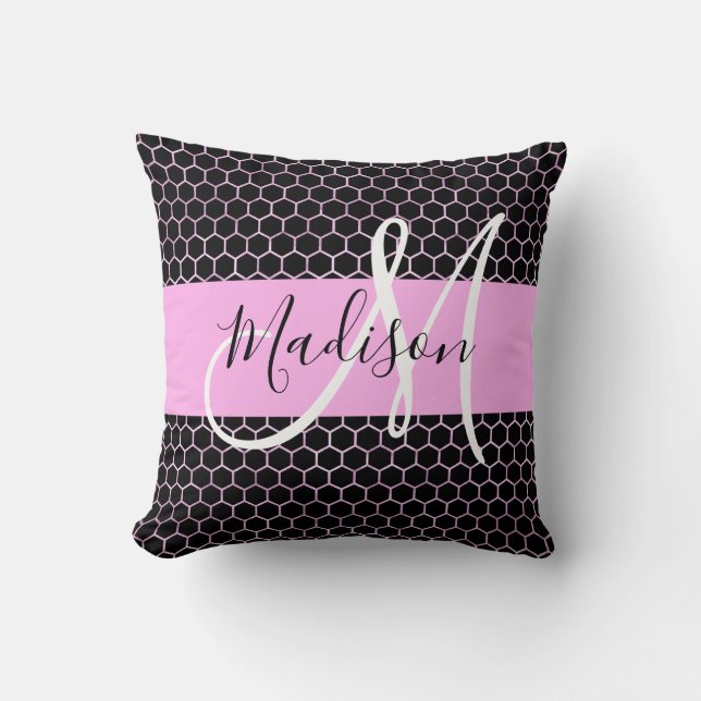 Glam Zwart Metallic Roze Honingraat Monogram Naam Kussen (Voorkant)