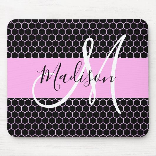 Glam Zwart Metallic Roze Honingraat Monogram Naam Muismat (Voorkant)