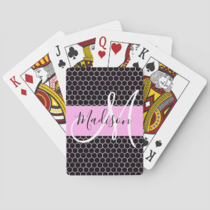 Glam Zwart Metallic Roze Honingraat Monogram Naam Pokerkaarten