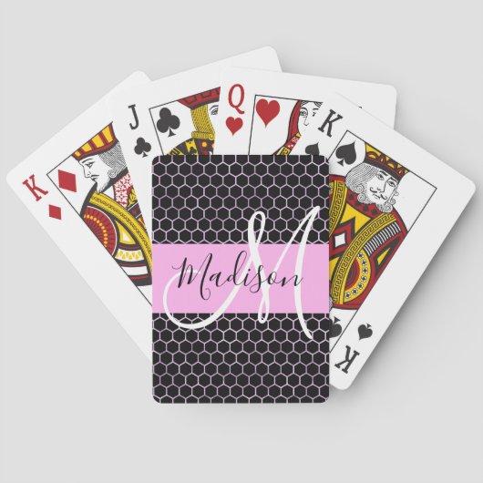 Glam Zwart Metallic Roze Honingraat Monogram Naam Pokerkaarten (Achterkant)