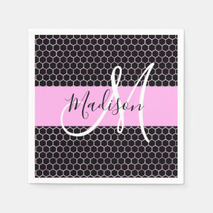 Glam Zwart Metallic Roze Honingraat Monogram Naam Servet