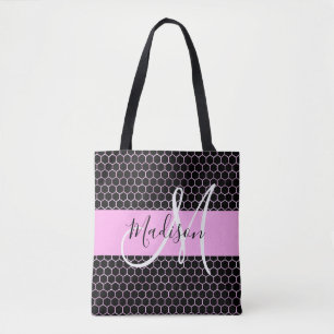 Glam Zwart Metallic Roze Honingraat Monogram Naam Tote Bag