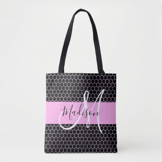Glam Zwart Metallic Roze Honingraat Monogram Naam Tote Bag (Voorkant)