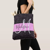 Glam Zwart Metallic Roze Honingraat Monogram Naam Tote Bag (Dichtbij)