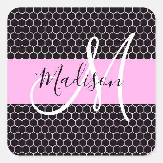 Glam Zwart Metallic Roze Honingraat Monogram Naam Vierkante Sticker (Voorkant)