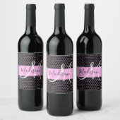 Glam Zwart Metallic Roze Honingraat Monogram Naam Wijn Etiket (Flessen)