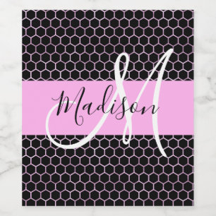 Glam Zwart Metallic Roze Honingraat Monogram Naam Wijn Etiket