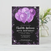 Glam Zwart Paars Violet Glitter Ballon Verjaardag Kaart (Staand voorkant)