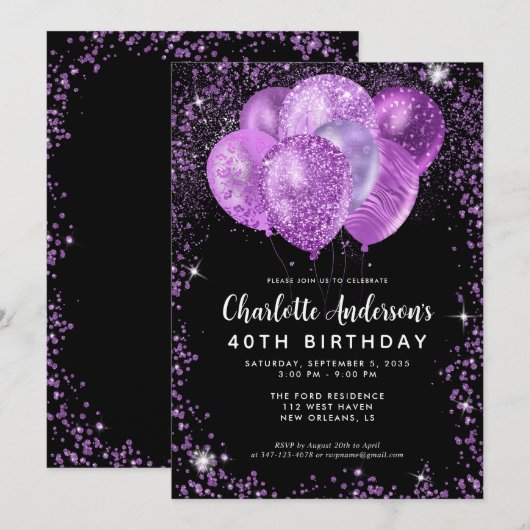 Glam Zwart Paars Violet Glitter Ballon Verjaardag Kaart (Voorkant / Achterkant)