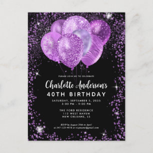 Glam Zwart Paarse Violet Glitter Balloon Verjaarda Briefkaart